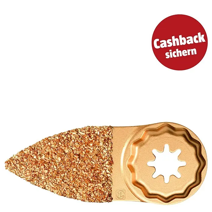 Fein Starlock Plus Hartmetall-Raspel - Fingerform, Beidseitige Beschichtung - Goldenes Oszillations-Schleifblatt mit körniger Oberfläche und Sternaufnahme.