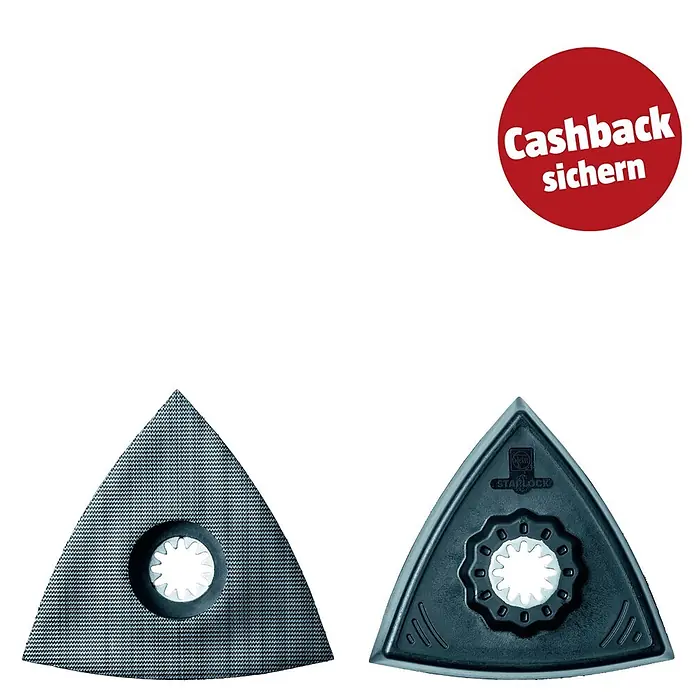 Fein Starlock Schleifplatte - Ungelocht, 2 Stk. - Zwei dunkelgraue dreieckige Schleifplatten mit texturierter Oberfläche und Starlock-Antrieb.