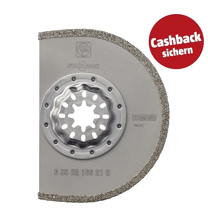 Fein Starlock Plus Diamant-Segmentsägeblatt - Durchmesser: 90 mm, Sägeblattstärke: 2,2 mm - Silbernes Diamant-Segmentsägeblatt mit Starlock-Aufnahme für Oszillierwerkzeuge und rotem 'Cashback sichern' Sticker.