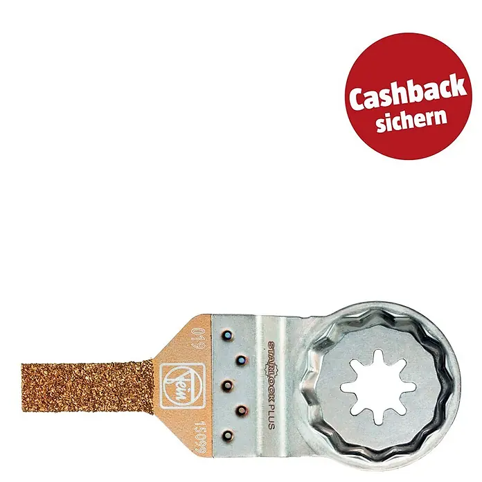 Fein Starlock Plus Hartmetall-Feile - 30 x 10 mm - Silbernes Oszillierwerkzeug-Segmentblatt mit goldener Schleifkante und Sternantrieb.