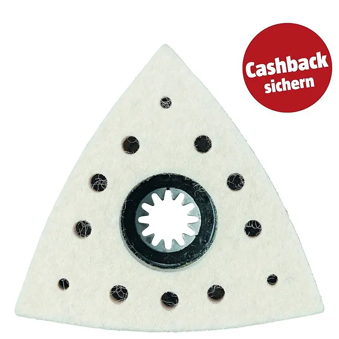 Fein Starlock Filzpolierplatte - 2 Stk. - Helles dreieckiges Schleifpad mit Absauglöchern, Sternantrieb und rotem 'Cashback sichern' Aufkleber.