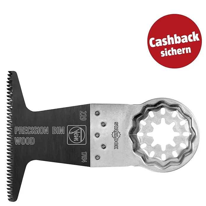 Fein Starlock Bi-Metall-Sägeblatt E-Cut Precision - L x B: 50 x 65 mm, 3 Stk. - Fein Starlock Oszillierklingen-Sägeblatt für Holz, schwarz mit silberner Starlock-Aufnahme und gezahnten Klingen.