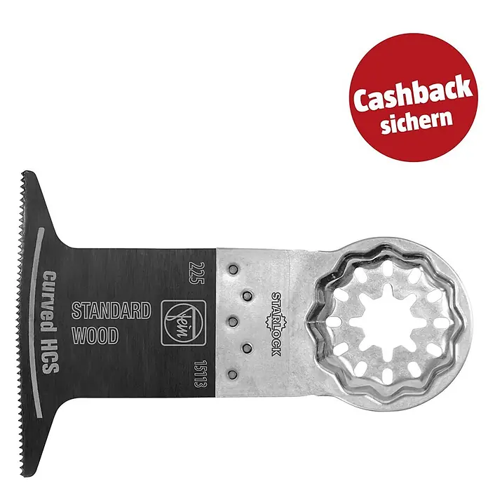 Fein Starlock Tauchsägeblatt E-Cut Curved - L x B: 50 x 65 mm, 3 Stk. - Schwarzes und silbernes, gebogenes HCS-Oszilliersägeblatt für Holz mit Starlock-Aufnahme.