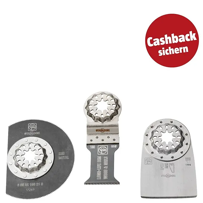 Fein Zubehör-Set Combo Starlock Renovation - 3 -tlg. - Drei Oszillations-Sägeblätter mit Starlock-Aufnahme: ein Metallsägeblatt, zwei gerade Blätter für Holz & Nägel und ein roter 'Cashback sichern'-Kreis.