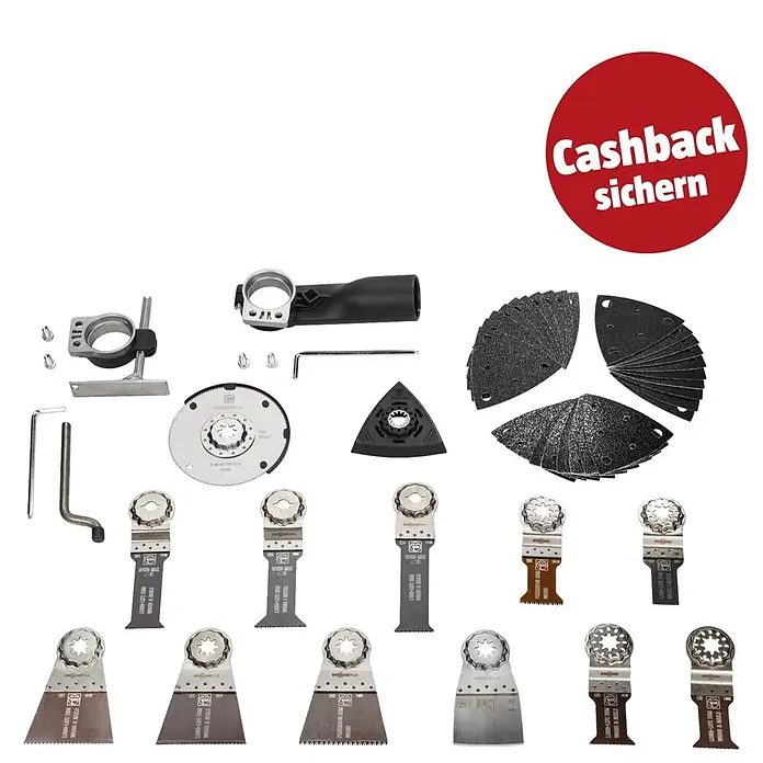 Fein Starlock Zubehör-Set - 45 -tlg. - Eine Auswahl an Oszillationswerkzeug-Zubehör wie Sägeblätter, Schleifpads, Schleifblätter und Aufsätze.