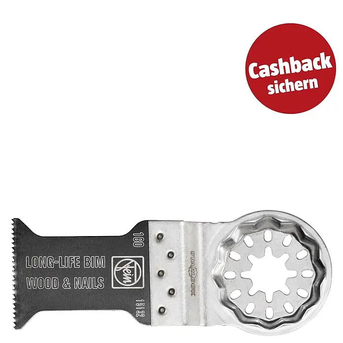 Fein Starlock Sägeblatt Long-Life - 50 x 35 mm, 1 Stk. - Dunkelgraues Oszillations-Sägeblatt mit "LONG-LIFE BIM WOOD & NAILS" Aufschrift und silbernem Starlock-Anschluss für Multitools.