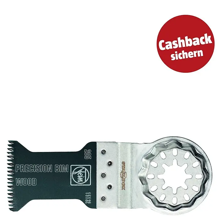 Fein Starlock Bi-Metall-Sägeblatt E-Cut Precision - L x B: 50 x 35 mm, 3 Stk. - Dunkelgrünes Fein Oszillations-Multitool-Sägeblatt, 'PRECISION BIM WOOD' beschriftet, mit silbernem Starlock-System und rotem 'Cashback sichern' Kreis.