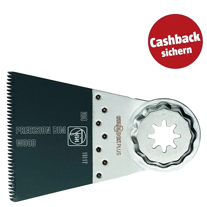 Fein Starlock Plus Bi-Metall-Sägeblatt E-Cut Precision - L x B: 50 x 65 mm, 10 Stk. - Dunkelgraues Bimetall-Oszillationssägeblatt für Holz, mit silberner Starlock Plus Aufnahme und sternförmigem Antrieb.