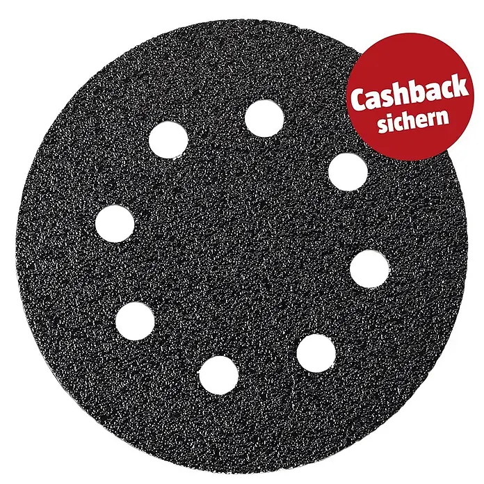 Fein Schleifblätter - 115 mm, Körnung: 40, 16 Stk. - Schwarze, runde Schleifscheibe mit 8 Löchern und rotem 'Cashback sichern' Aufkleber.