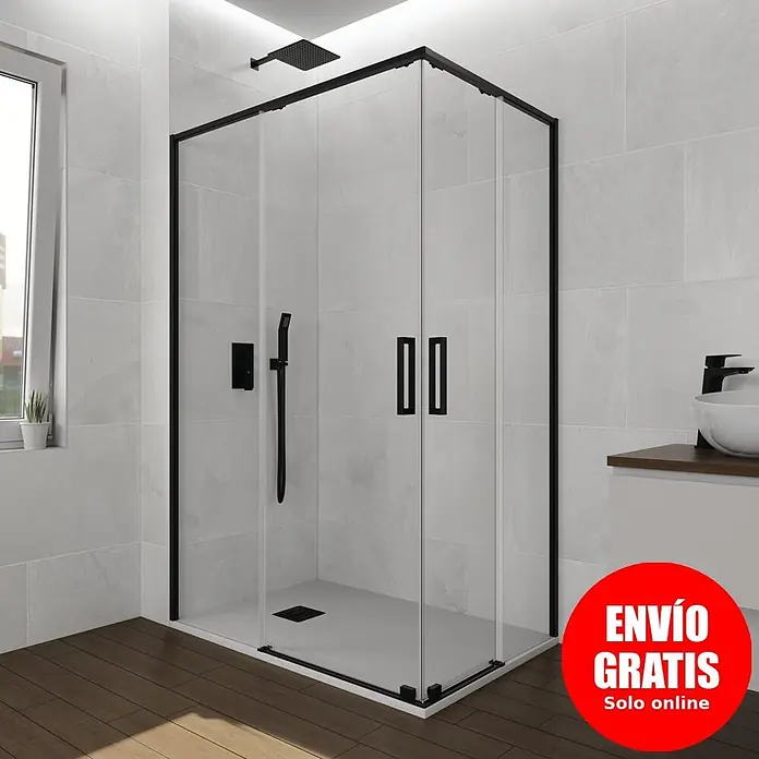 GME Mampara de ducha esquinera Twenty Angular - L x An x Al: 70 x 70 x 195 cm, Vidrio transparente, Negro - Mampara de ducha con perfil negro y cristal transparente, sistema de ducha negro en baño moderno.