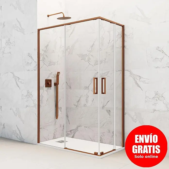 GME Mampara de ducha esquinera Twenty - L x An x Al: 75 x 80 x 195 cm, Vidrio transparente, Cobre - Mampara de ducha de esquina con paneles de cristal transparente, marco oro rosa y plato de ducha blanco.