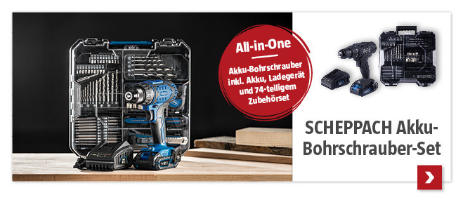 Scheppach Akku-Bohrschrauber-Set am Tisch