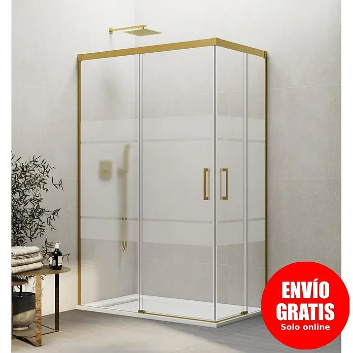 GME Mampara de ducha esquinera Basic Angular - L x An x Al: 90 x 135 x 196 cm, Vidrio serigrafiado, Oro - Elegante cabina de ducha con marcos y asas doradas, con paneles de cristal esmerilado y transparente.
