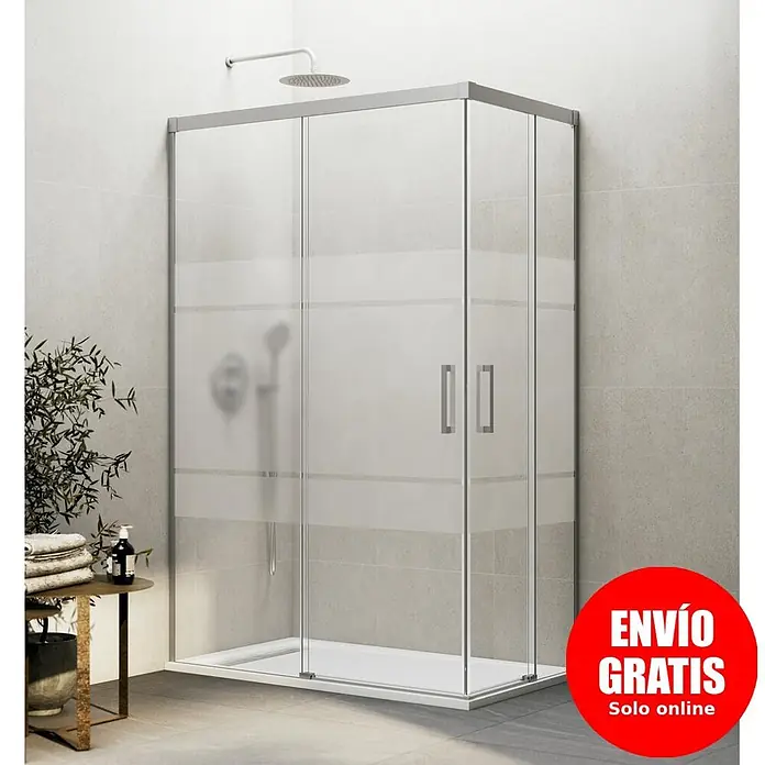 GME Mampara de ducha esquinera Basic Angular - L x An x Al: 70 x 135 x 196 cm, Vidrio serigrafiado, Nickel - Cabina de ducha angular con paneles de vidrio transparente y esmerilado, marco plateado y plato de ducha blanco.