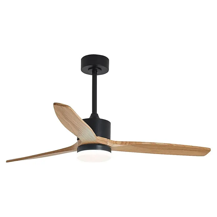 Alemar Ventilador de techo Madeira - Negro/Madera, 132 cm, 7 W - 40 W - Ventilador de techo moderno con tres aspas de madera clara, carcasa de motor negra y luz LED blanca integrada.