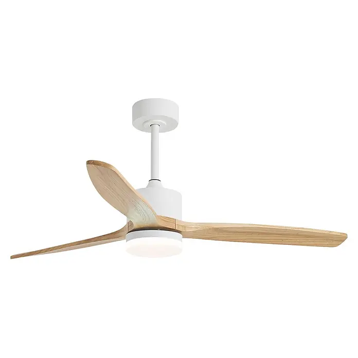 Alemar Ventilador de techo Madeira - Blanco/Madera, 132 cm, 7 W - 40 W - Ventilador de techo blanco con tres aspas de madera natural y luz LED integrada.