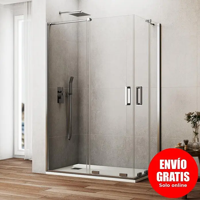GME Mampara de ducha esquinera Kenna - L x An x Al: 95 x 80 x 195 cm, Cromo - Cabina de ducha de esquina de cristal transparente con puertas dobles, herrajes cromados y plato de ducha blanco en un baño moderno.