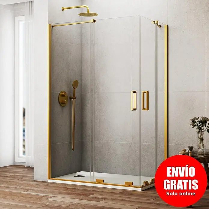 GME Mampara de ducha esquinera Kenna - L x An x Al: 100 x 90 x 195 cm, Oro - Mampara de ducha de cristal con marco dorado, cabezal y grifo a juego en un baño moderno.