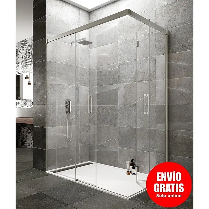 GME Mampara de ducha esquinera Tandem - L x An x Al: 80 x 105 x 195 cm, Vidrio transparente - Mampara de ducha esquinera de cristal con marco cromado y plato de ducha blanco de bajo perfil.