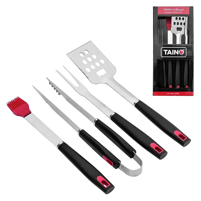 TAINO Grillbesteck - Länge: 43 cm, Besteckteile aus Edelstahl, Pinsel aus Silikon, mit Kunststoffgriff