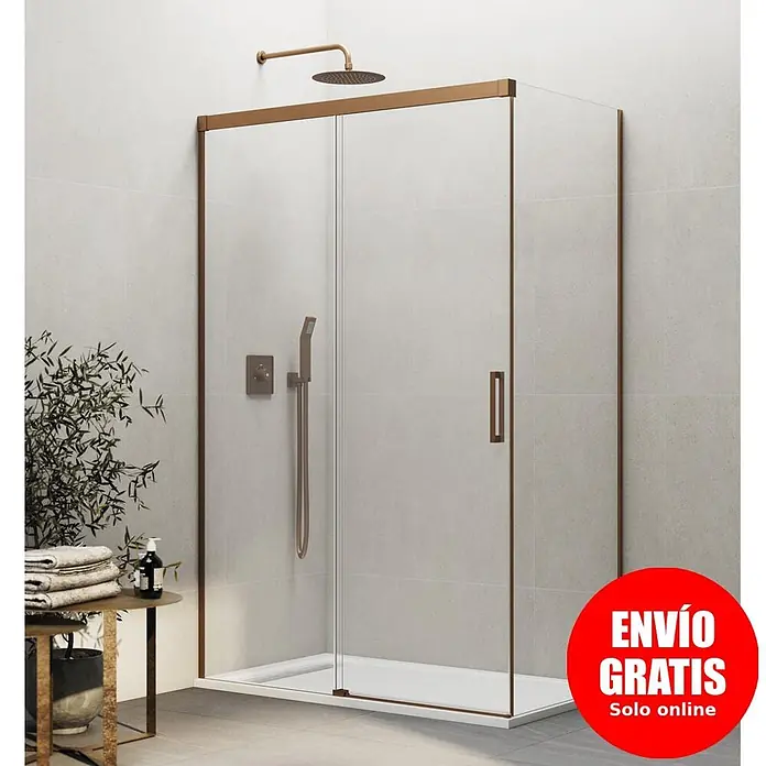 GME Mampara de ducha esquinera Basic - L x An x Al: 75 x 72 x 195 cm, Vidrio transparente, Cobre - Cabina de ducha con marco de bronce, puertas de cristal transparente y accesorios de ducha de bronce a juego en un baño moderno.