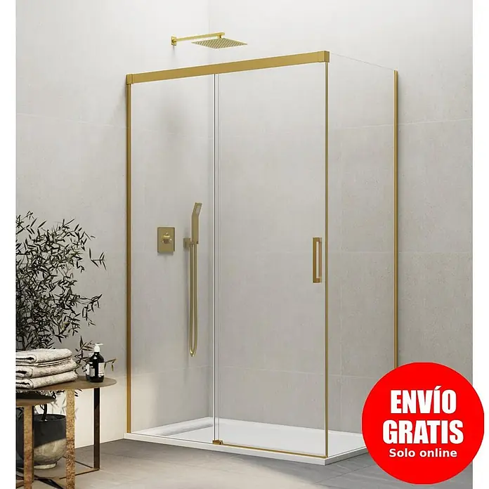 GME Mampara de ducha esquinera Basic - L x An x Al: 80 x 77 x 195 cm, Vidrio transparente, Oro - Mampara de ducha moderna con marco dorado, cristal transparente y sistema de ducha dorado.