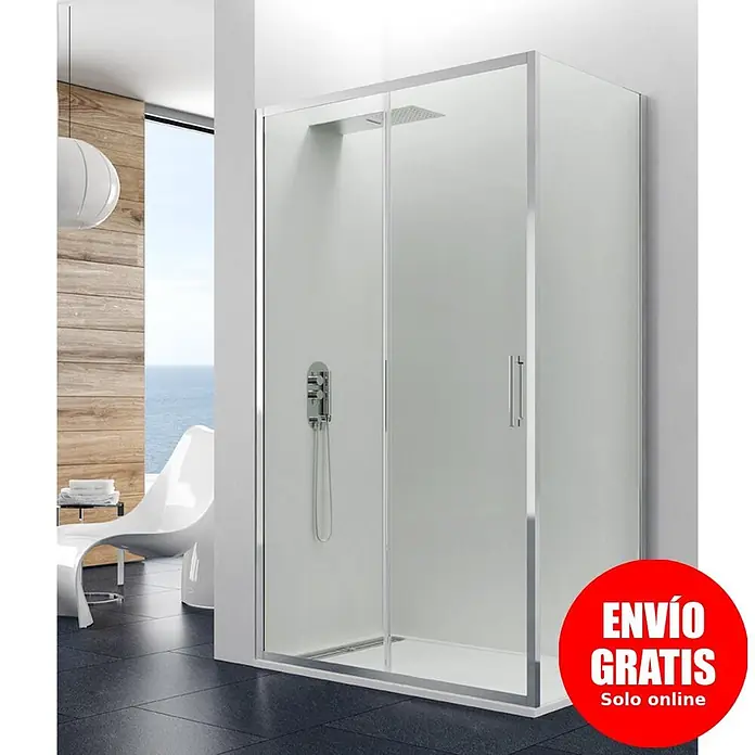 GME Mampara de ducha esquinera Prestige - L x An x Al: 80 x 120 x 195 cm, Plata brillo, Vidrio transparente - Cabina de ducha de esquina con puertas correderas de cristal transparente, marco cromado y ducha de lluvia integrada, en baño moderno.