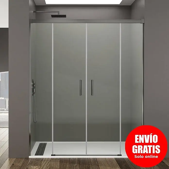 GME Mampara de ducha frontal Basic Spazio - 150 x 195 cm, Vidrio transparente, Longitud regulable: 142 cm - 152 cm, Titanio - Mampara de ducha moderna con puertas de cristal esmerilado y plato de ducha blanco en un baño.