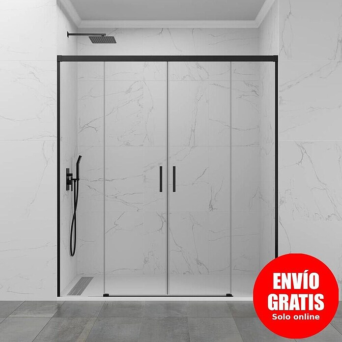 GME Mampara de ducha frontal Basic Spazio (150 x 195 cm, Vidrio transparente, Longitud regulable: 142 cm - 152 cm, Negro) | BAUHAUS