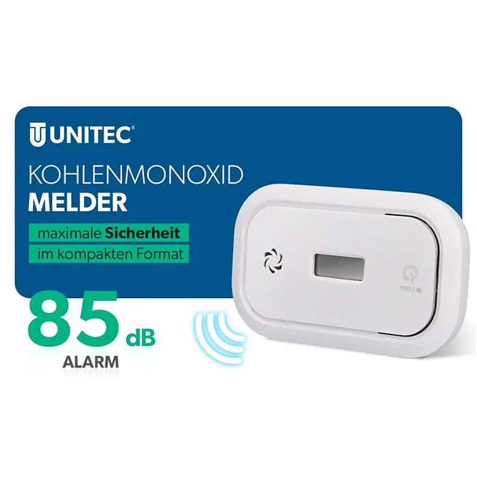 UniTEC Kohlenmonoxidmelder - L x B x H: 52 x 143 x 150 mm, Batterielaufzeit: 3 Jahre - Weißer kompakter Kohlenmonoxidmelder mit Digitalanzeige und 85 dB Alarmfunktion.