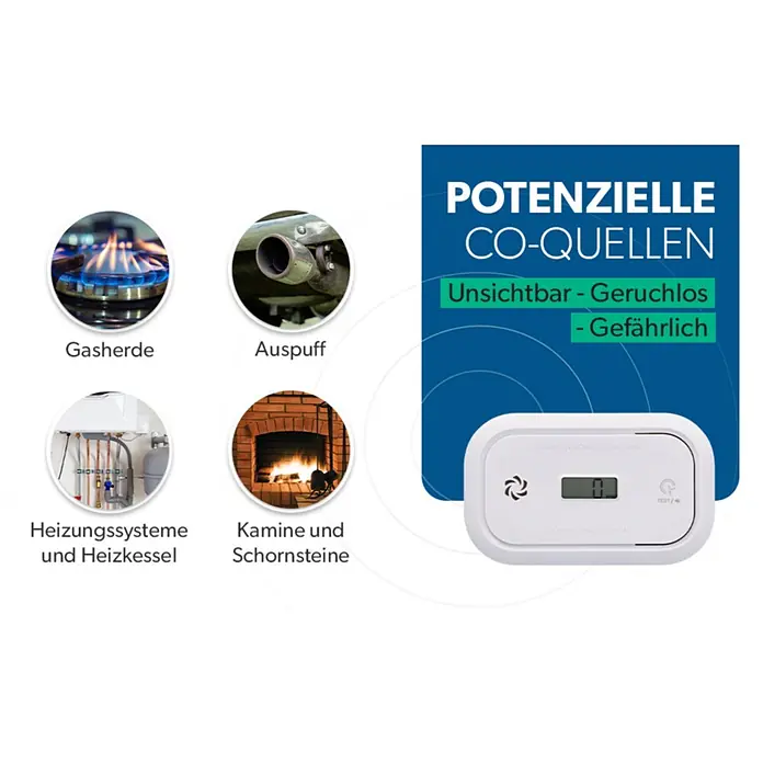 UniTEC Kohlenmonoxidmelder - L x B x H: 52 x 143 x 150 mm, Batterielaufzeit: 3 Jahre - Weißer Kohlenmonoxidmelder mit Digitalanzeige '0' und Symbolen. Erkennt gefährliches, unsichtbares, geruchloses CO aus Haushaltsquellen.