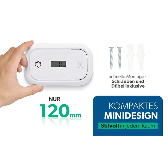 UniTEC Kohlenmonoxidmelder - L x B x H: 52 x 143 x 150 mm, Batterielaufzeit: 3 Jahre - Weißer Kohlenmonoxid-Melder mit Digitalanzeige, daneben Schrauben und Dübel zur Montage.