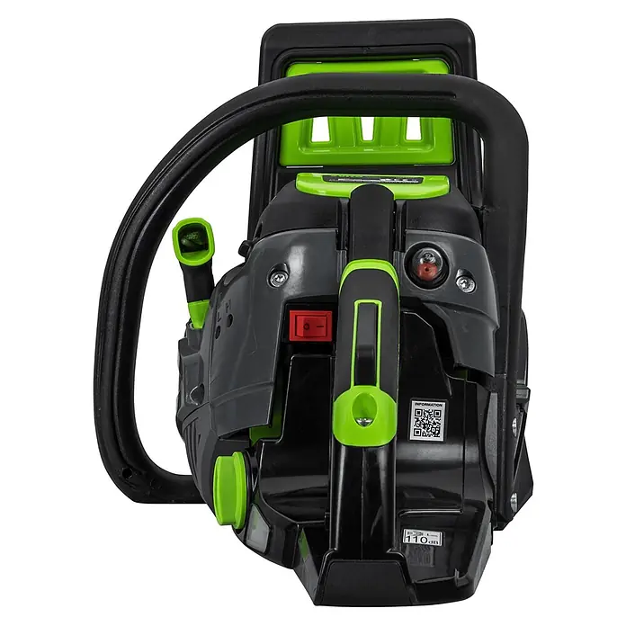 Vito Juego de máquinas VIRLG12M + VIMS37 - 2 pzs., Cortatroncos + motosierra - Motosierra negra y verde con controles visibles y asa de seguridad, vista desde arriba.
