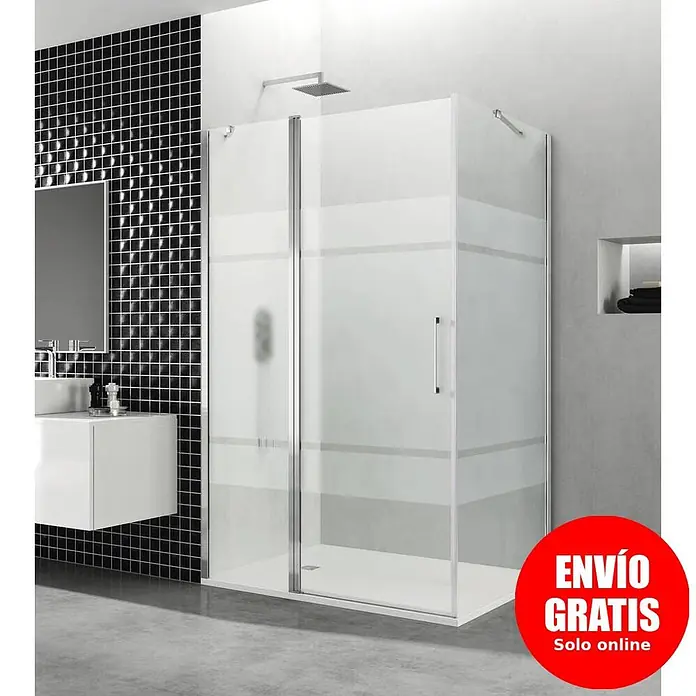 GME Mampara de ducha esquinera Open Combi C frontal + lateral - L x An x Al: 80 x 80 x 195 cm, Plata brillo, L x An x Al: 80 x 80 (30/50) x 195 cm - Cabina de ducha angular con paneles de vidrio esmerilado y marco metálico, en un baño moderno.
