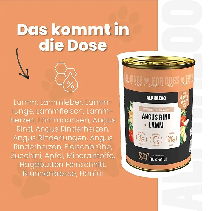 Alphazoo Hundenassfutter Angus Rind + Lamm 6x400g - 2.400 g, Alleinfuttermittel