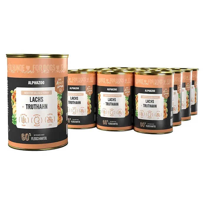 Alphazoo Hundenassfutter Lachs + Truthahn 12x400g - 4.800 g, Alleinfuttermittel