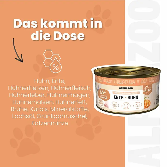 Alphazoo Katzennassfutter Ente + Huhn 12x200g - 2.400 g, Alleinfuttermittel