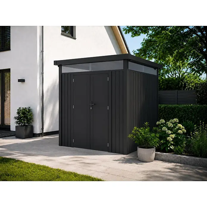 Linholm Gerätehaus Miro 1 - Außenbreite inkl. Dachüberstand: 249 cm, Außentiefe inkl. Dachüberstand: 249 cm, Anthrazit