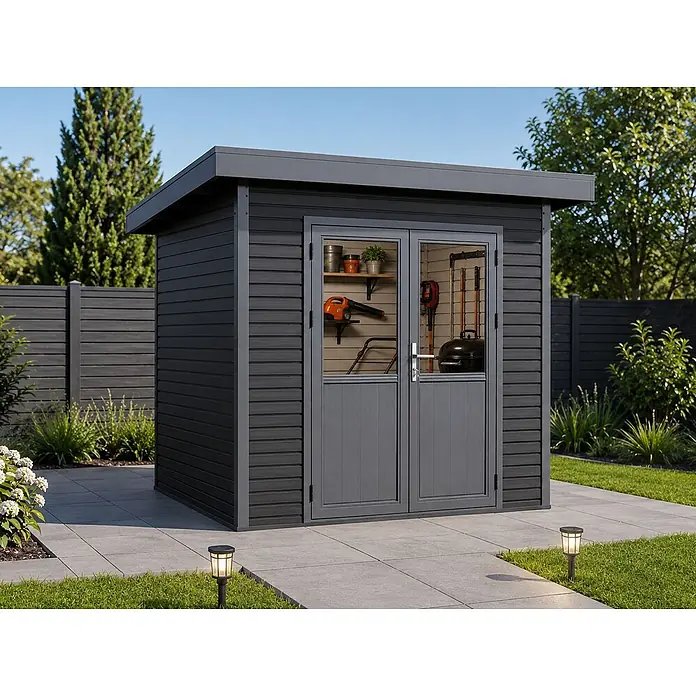 Linholm Gartenhaus Linia 2424 inkl. Dachrinnen-Set, 2-farbig Grau/Anthrazit - Außenmaß inkl. Dachüberstand (B x T): 280 x 280 cm, Grau/Anthrazit