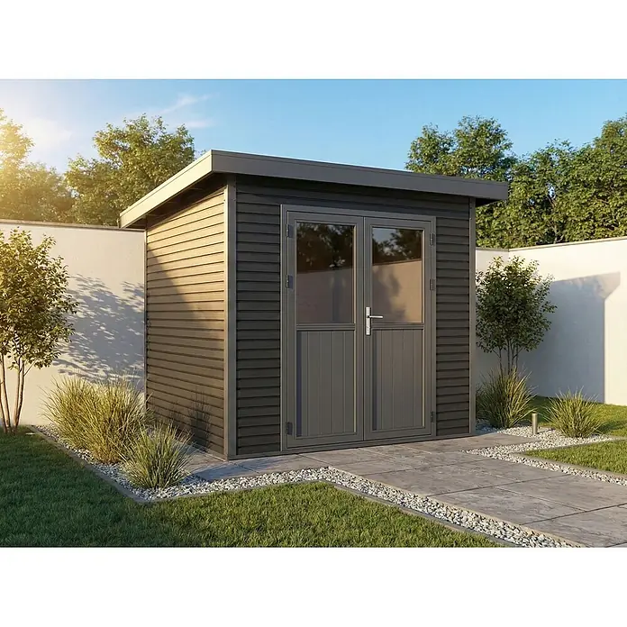 Linholm Gartenhaus Linia 2424 inkl. Dachrinnen-Set, 2-farbig Grau/Anthrazit - Außenmaß inkl. Dachüberstand (B x T): 280 x 280 cm, Grau/Anthrazit