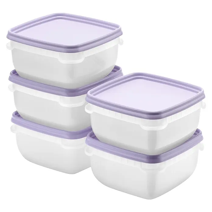 SmartStore Vorratsdosen-Set - L x B x H: 12 x 12 x 6,5 cm, Kunststoff, Weiß/Violett - Stapel weißer Kunststoff-Lebensmittelbehälter mit lila Deckeln.