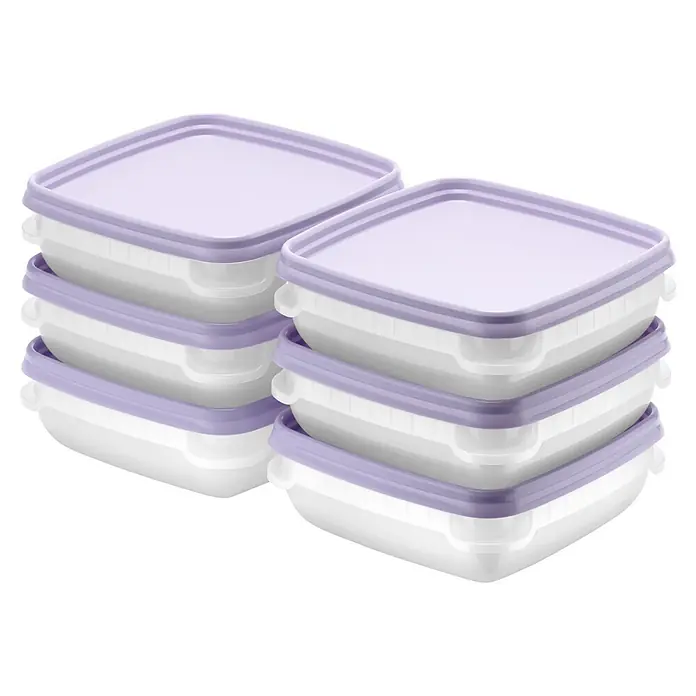 SmartStore Vorratsdosen-Set - L x B x H: 12 x 12 x 4,5 cm, Kunststoff, Weiß/Violett - Zwei Stapel rechteckiger Lebensmittelbehälter mit transparenten Böden und violetten Deckeln.