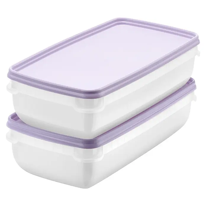 SmartStore Vorratsdosen-Set - L x B x H: 24 x 12 x 6,5 cm, Kunststoff, Weiß/Violett - Zwei rechteckige transparente Lebensmittelbehälter mit lila Deckeln, gestapelt.