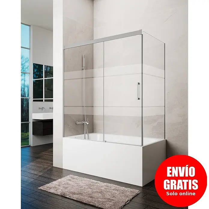 GME Mampara para bañera Basic - An x Al: 160 x 150 cm, Vidrio serigrafiado, Níquel, Lateral 70 - Mampara de bañera de cristal transparente con franjas esmeriladas y marco cromado, sobre bañera blanca en un baño moderno.