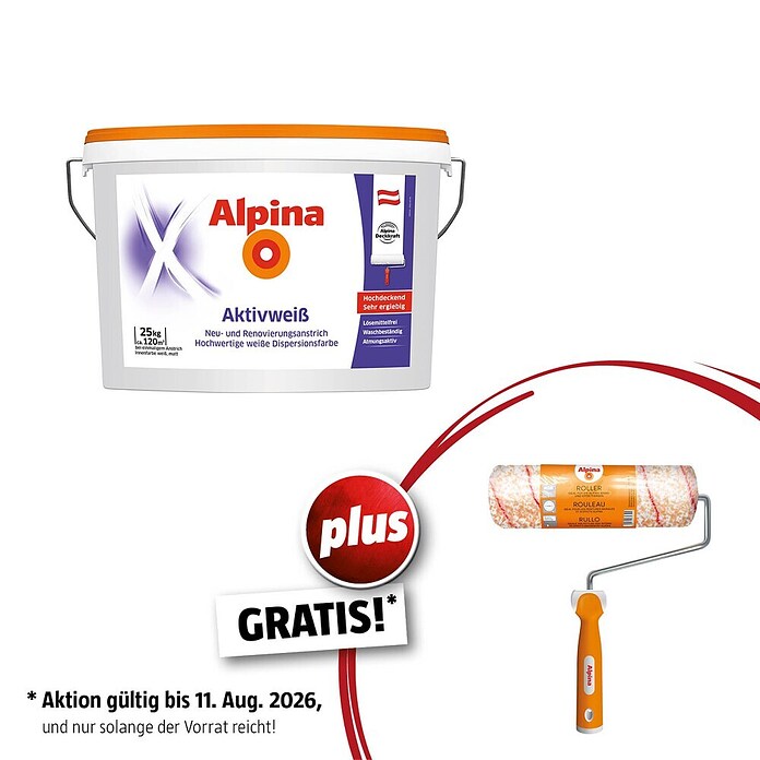 Alpina Wandfarbe Aktivweiß PLUS Farbroller GRATIS (Weiß, Matt, Abtönbar) | BAUHAUS