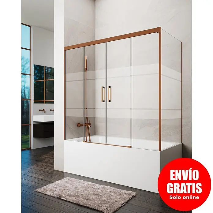 GME Mampara para bañera Basic - An x Al: 182 x 150 cm, Vidrio serigrafiado, Cobre, Lateral 75 - Mampara de ducha de cristal con marco de cobre y franjas esmeriladas sobre una bañera blanca.