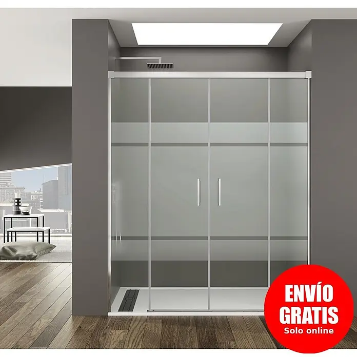 GME Mampara de ducha frontal Basic Spazio Frost - 190 x 195 cm, Espesor de vidrio: 6 mm, Plata brillo - Mampara de ducha moderna con puertas correderas de cristal esmerilado y marco cromado en un baño.