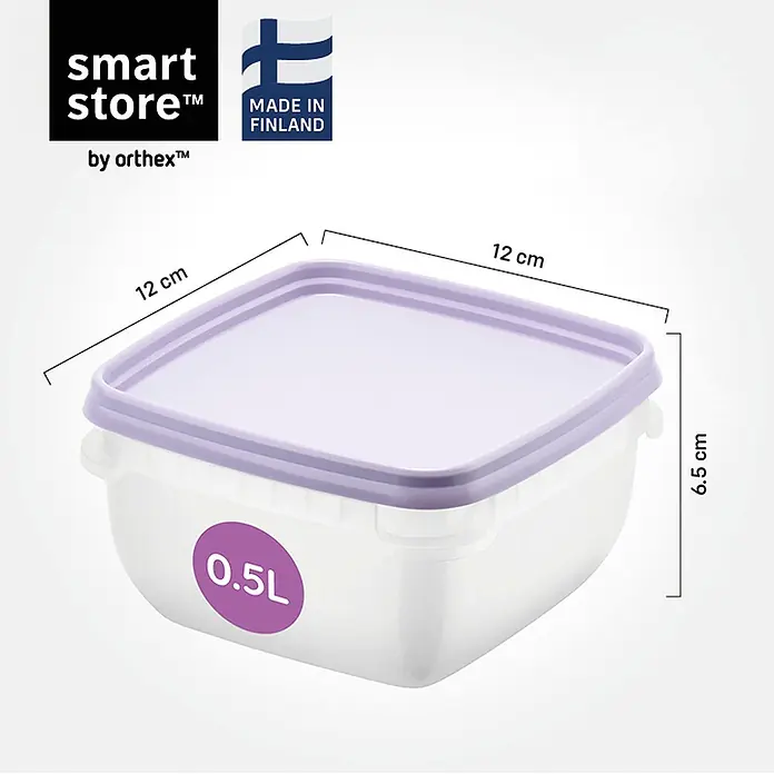 SmartStore Vorratsdosen-Set - L x B x H: 12 x 12 x 6,5 cm, Kunststoff, Weiß/Violett - Ein transparenter, quadratischer Lebensmittelbehälter mit lila Deckel, 12x12x6,5 cm groß und 0,5 L Fassungsvermögen.