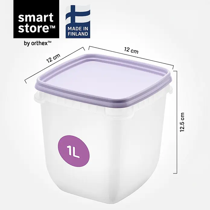 SmartStore Vorratsdosen-Set - L x B x H: 12 x 12 x 12,5 cm, Kunststoff, Weiß/Violett - Weißer smart store Kunststoffbehälter mit lila Deckel, 1L Fassungsvermögen, Maße 12x12x12,5 cm.