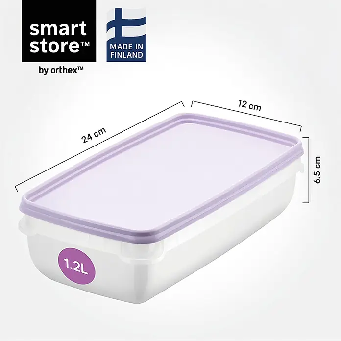 SmartStore Vorratsdosen-Set - L x B x H: 24 x 12 x 6,5 cm, Kunststoff, Weiß/Violett - Rechteckiger 1,2L Lebensmittelbehälter mit transparentem Boden und lila Deckel, Maße 24x12x6,5 cm.
